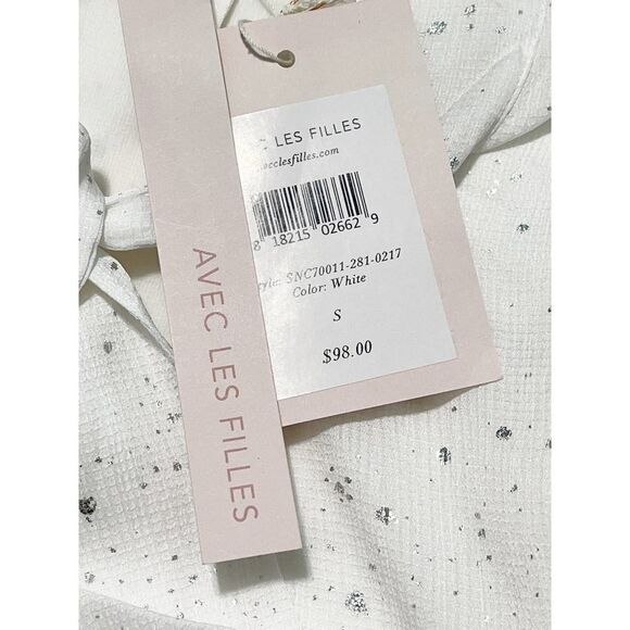 Avec Les Filles Long Sleeve Metallic Splatter Tie Crinkle Mini Dress White Small - Picture 14 of 15